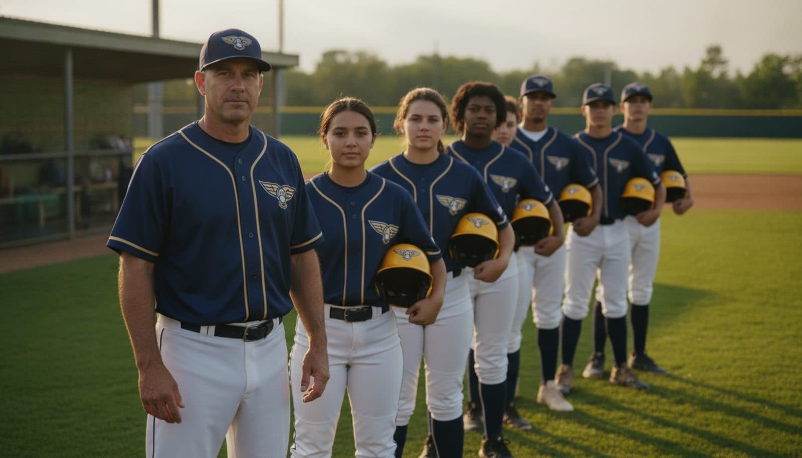 Coach and team in matching custom Uniforms Express baseball uniforms on the field