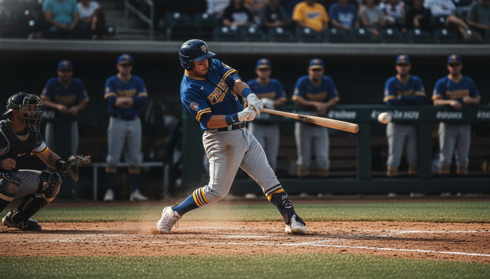 Baseball player mid-swing in a custom Uniforms Express uniform