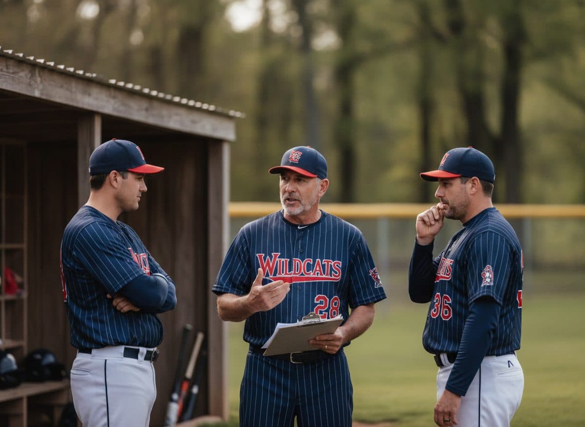 Coaches in custom Uniforms Express jerseys talking near the dugout